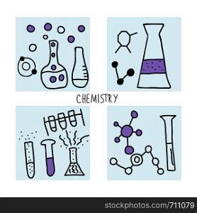 Chemistry objects in doodle style. Science research symbols isolated on white background. Vector illustration.