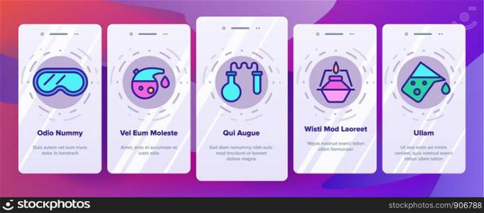 Chemistry Onboarding Mobile App Page Screen Vector Thin Line. Flask And Spirit Lamp, Pipette And Can, Glasses And Magnifier Chemistry Equipment Linear Pictograms. Illustrations. Chemistry Onboarding Vector