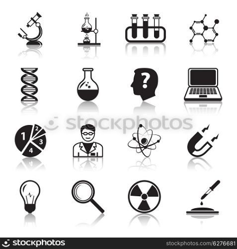 Chemistry or biology science icons set of test tube light bulb atom and pipette for school education isolated vector illustration