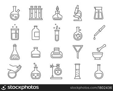 Chemistry or science research laboratory equipment line icons. Pharmacy lab glassware, beakers, test tube and flasks pictograms vector set. Illustration of glass lab beaker, glassware and medical icon. Chemistry or science research laboratory equipment line icons. Pharmacy lab glassware, beakers, test tubes and flasks pictograms vector set