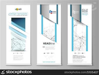 Chemistry pattern, connecting lines and dots, molecule structure on white, geometric graphic background. Roll up banner stands, abstract geometric style templates, vertical vector flyers, flag layouts. Set of roll up banner stands, flat design templates, abstract geometric style, modern business concept, corporate vertical vector flyers, flag layouts. Chemistry pattern, connecting lines and dots, molecule structure on white, geometric graphic background.