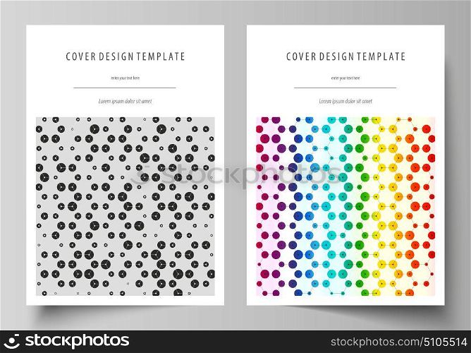 Chemistry pattern, hexagonal design molecule structure. Geometric colorful background. Business templates for brochure, flyer, annual report. Cover template, abstract vector layout in A4 size.. Business templates for brochure, magazine, flyer, booklet or annual report. Cover design template, easy editable vector, abstract flat layout in A4 size. Chemistry pattern, hexagonal design molecule structure, scientific, medical DNA research. Geometric colorful background.