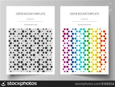 Chemistry pattern, hexagonal design molecule structure. Geometric colorful background. Business templates for brochure, flyer, annual report. Cover template, abstract vector layout in A4 size.. Business templates for brochure, magazine, flyer, booklet or annual report. Cover design template, easy editable vector, abstract flat layout in A4 size. Chemistry pattern, hexagonal design molecule structure, scientific, medical DNA research. Geometric colorful background.