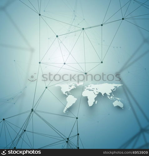 Chemistry pattern, white world map, connecting lines and dots, molecule structure on blue. Scientific medical DNA research. Medicine, science, technology concept. Geometric design abstract background.. Chemistry pattern, white world map, connecting lines and dots, molecule structure on blue. Scientific medical DNA research. Medicine, science, technology concept. Geometric design abstract background