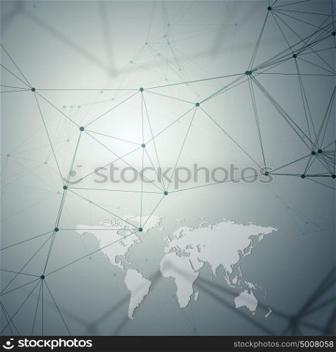 Chemistry pattern, white world map, connecting lines and dots, molecule structure on gray. Scientific medical DNA research. Medicine, science, technology concept. Geometric design abstract background.. Chemistry pattern, white world map, connecting lines and dots, molecule structure on gray. Scientific medical DNA research. Medicine, science, technology concept. Geometric design abstract background