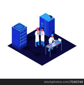 Chemistry, pharmaceutical lab isometric concept with chemical laboratory equipment and biotech vector illustration. Laboratory chemistry 3d isometry with scientist medical. Chemistry, pharmaceutical lab isometric concept with chemical laboratory equipment and biotech vector illustration