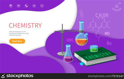 Chemistry school discipline, college subjects vector. Chemical education , research and experiments in laboratory, mixing substances writing results. Website or webpage template landing page in flat. Chemistry School Discipline, College Subjects