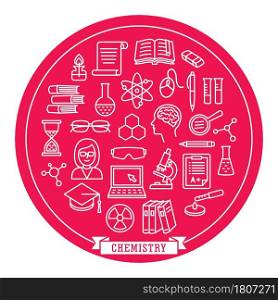 Chemistry school education icon sticker in line style circle tamplete. Logo, pictogram, design infographic elements