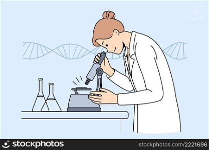 Chemistry Science and research concept. Smiling woman chemist in white uniform standing looking at microscope with flasks for tests in laboratory vector illustration . Chemistry Science and research concept