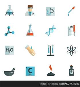 Chemistry science and research icons flat set isolated vector illustration. Chemistry Icons Flat