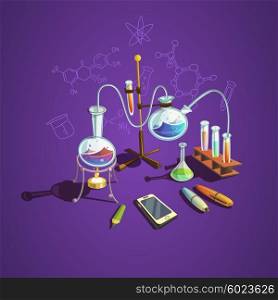 Chemistry science concept. Chemistry science concept with retro cartoon scientific lab items vector illustration