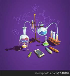 Chemistry science concept with retro cartoon scientific lab items vector illustration. Chemistry science concept