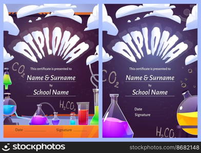 Chemistry science diploma with glass flasks in chemical laboratory. Cartoon school certificate for scientific research, experiment, educational achievement with test tubes and beakers, Vector template. Chemistry science diploma with glass flasks, tubes