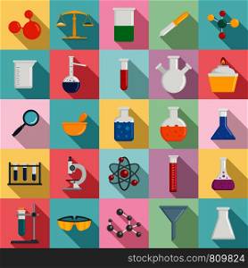 Chemistry science icon set. Flat set of chemistry science vector icons for web design. Chemistry science icon set, flat style