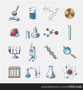 Chemistry scientific dna molecule research equipment glass tube holder and burner doodle sketch icons set vector illustration
