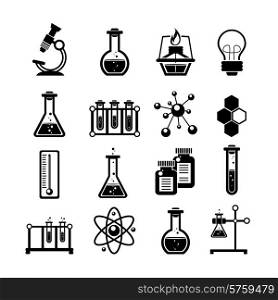 Chemistry scientific research icons collection with molecule atom structure symbol and test tubes black abstract vector illustration. Chemistry icons set black