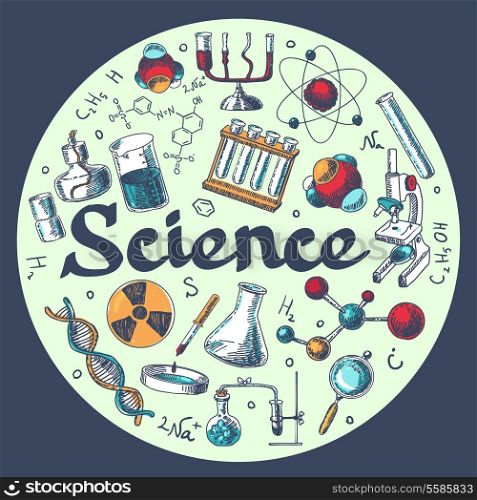 Chemistry scientific research tubes microscope composition with molecular biology equipment elements round template doodle sketch vector illustration