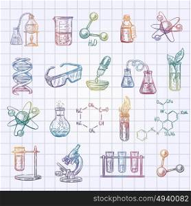 Chemistry Sketch Icons Set . Chemistry sketch icons set on checked exercise book background isolated vector illustration