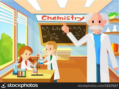 Chemistry Teacher in Lesson Perform Class Task Vector Flat Illustration. Teacher Watches Children Mix Different Reagents and Help do Work. Kid is Holding Blue Liquid in Hands Smiling.