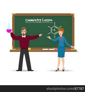 Chemistry teachers and chalkboard. Chemistry teachers and chalkboard isolated on white background, vector illustration