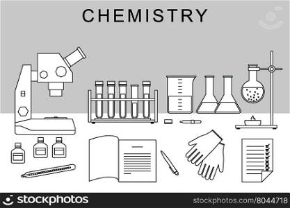 Chemistry thin line banner with icons of scientific and chemical equipment.