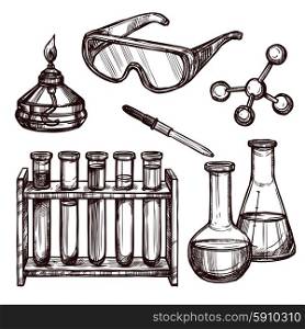 Chemistry Tools Hand Drawn Set . Chemistry laboratory tools and devices black and white sketch hand drawn decorative icon set isolated vector illustration