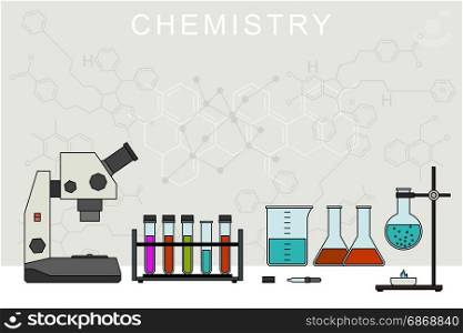 Chemistry vector banner.. Chemistry banner with chemical equipment. Chemical experiences.