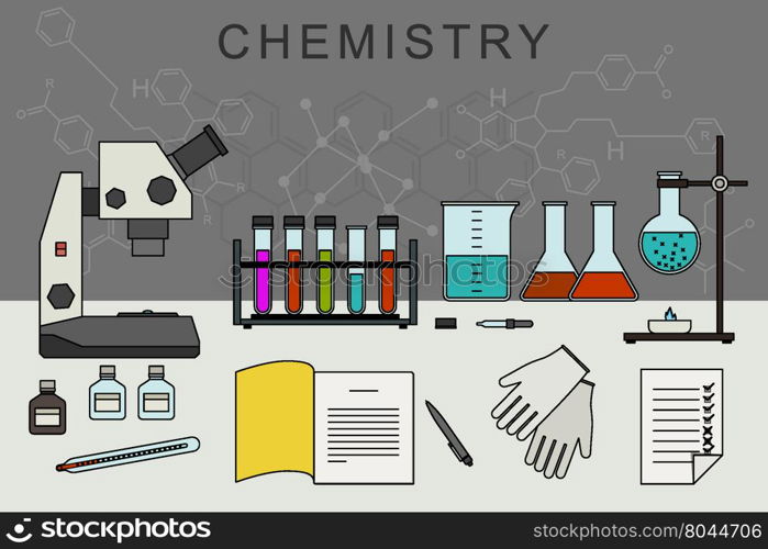 Chemistry vector banner with icons of scientific and chemical equipment. Chemical experiences.