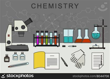 Chemistry vector banner with icons of scientific and chemical equipment. Chemical experiences.