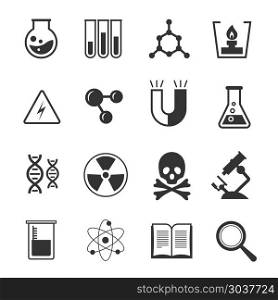 Chemistry vector icons set. Set of chemistry vector icons. Science and research chemistry, illustration of study chemistry with use microscope