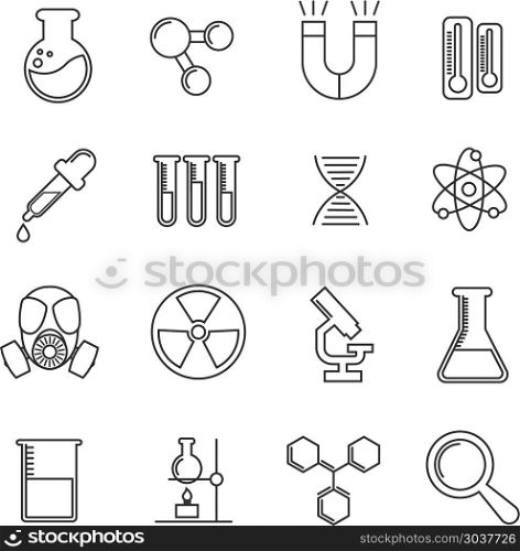 Chemistry vector thin line icons set. Chemistry vector thin line icons set. Science chemistry illustration and microscope with flask for study chemistry