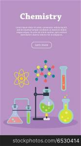 Chemistry Web Banner. Website template.. Chemistry laboratory banner with various tubes and flasks. Chemistry infographic concept background. Scientific research, science lab, science test, technology illustration in flat. Website template.