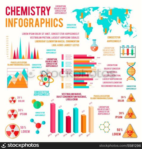Chemistry worldwide dna research achievements growth strategy infographics charts with laboratory signs vector illustration