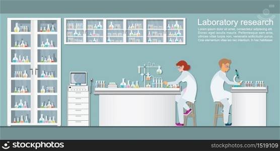 Chemists doing experiments and running chemical tests in the chemical research laboratory.Interior of science laboratory or laboratory room, conducting research in a lab concept vector illustration.