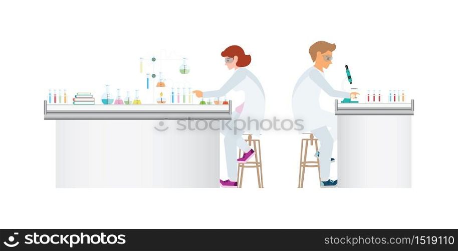 Chemists doing experiments and running chemical tests isolated on white background. research in a lab concept vector illustration.