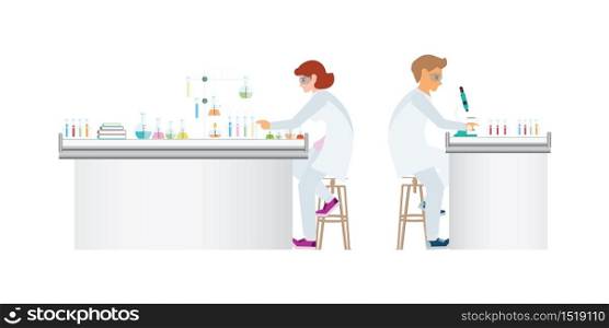 Chemists doing experiments and running chemical tests isolated on white background. research in a lab concept vector illustration.