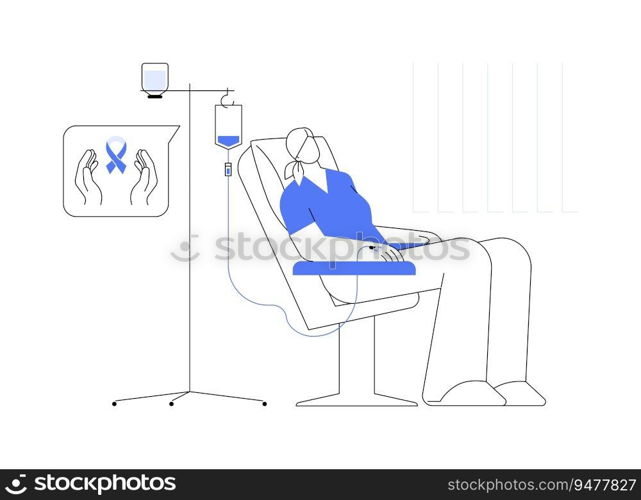 Chemotherapy abstract concept vector illustration. Woman with oncology undergoing chemotherapy in hospital, medical examination, cancer treatment, struggle with illness abstract metaphor.. Chemotherapy abstract concept vector illustration.