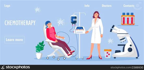 Chemotherapy concept vector for medical web, landing page. Chemo procedure for woman and oncologist illustration.. Chemotherapy concept vector for medical web, landing page. Chemo procedure and oncologist illustration.