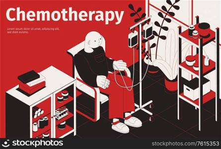 Chemotherapy isometric background with editable text and indoor composition with patient and drop counter with medication vector illustration