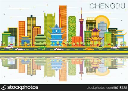 Chengdu China Skyline with Color Buildings, Blue Sky and Reflections. Vector Illustration. Business Travel and Tourism Concept with Modern Architecture. Chengdu Cityscape with Landmarks.