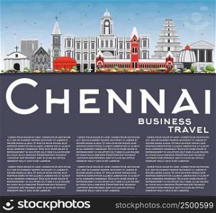 Chennai Skyline with Gray Landmarks, Blue Sky and Copy Space. Vector Illustration. Business Travel and Tourism Concept with Historic Buildings. Image for Presentation Banner Placard and Web Site.