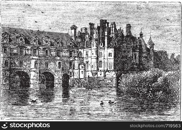 Chenonceau Castle, in Chenonceaux, France, during the 1890s, vintage engraving. Old engraved illustration of Chenonceau Castle.