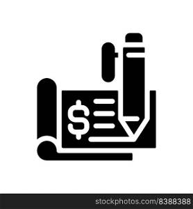 Chequebook black glyph icon. Cheque leaf. Financial document. Negotiable instrument. Cheque book order. Banking service. Silhouette symbol on white space. Solid pictogram. Vector isolated illustration. Chequebook black glyph icon