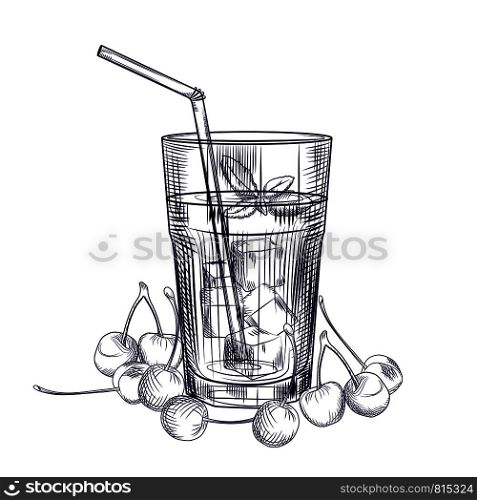 Cherries fruit cocktail sketch. Cherry fruit juice image. Engraving style. Hand drawn vector illustration isolated on white background.. Cherries fruit cocktail sketch. Cherry fruit juice image.