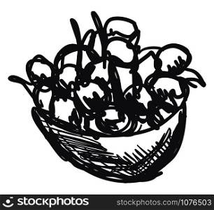 Cherries in bowl, illustration, vector on white background.