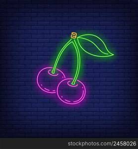 Cherries neon sign. Food, fruit, berry, vitamin design. Night bright neon sign, colorful billboard, light banner. Vector illustration in neon style.