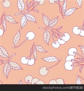 Cherries seamless pattern design. Beautiful tropical berries background. Tropical fruits and leaves seamless pattern background. Good for prints, wrapping paper, textile and fabric.
