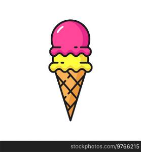 Cherry and banana icecream in waffle cone isolated color line icon. Vector sweet frozen ice-cream scoop, fastfood snack. Gelato or sundae ice cream, ice ball in wafer, cold refreshing summer dessert. Ice cream in waffle cone, fruity icecream icon