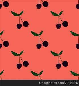 Cherry berries and leaves seamless pattern. Summer fruit berry wallpaper. Sweet red ripe cherries isolated on pink background. Hand drawn vector illustration. Design for fabric, textile print. Cherry berries and leaves seamless pattern illustration