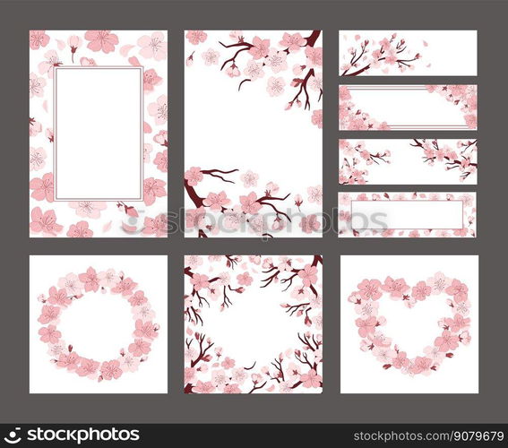 Cherry blossom banner layout. Sakura flowers on branches card template, Japanese spring decorative frames vector illustration set. Exotic oriental banners with round and heart borders. Cherry blossom banner layout. Sakura flowers on branches card template, Japanese spring decorative frames vector illustration set